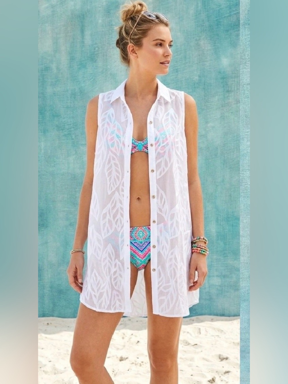 Lilly Pulitzer Adie Button Down Cover up, Sheer Palm Leaf Burn Out Tunic, medium